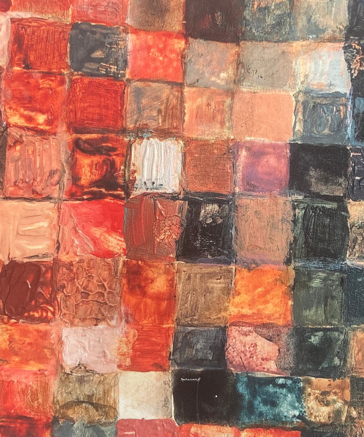 Peinture abstraite aux tons chauds accrochée dans le cabinet de consultation